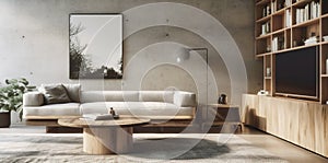 White sofa and tv unit. Interior design of loft living room. Created with generative AI