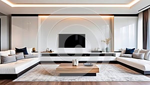 White sofa and TV unit in spacious room. Luxury home interior design of modern living room. Panorama