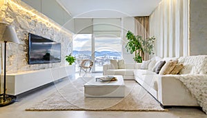 White sofa and tv unit in spacious room. Luxury home interior design of modern living room, panorama