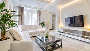 White sofa and tv unit in spacious room. Luxury home interior design of modern living room, panorama