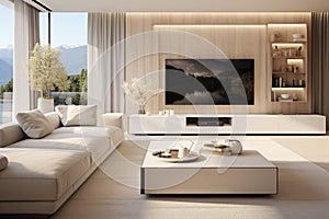 White sofa and tv unit in spacious room. Luxury home interior design of modern living room, panorama photo