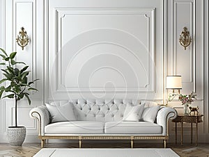 White sofa and wall with classic molding in luxury living room interior with plant and golden elements