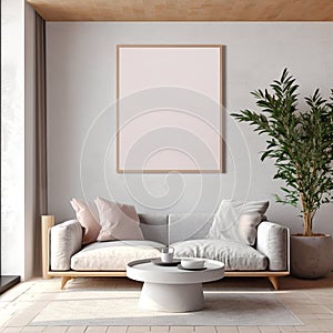 White sofa and wall with empty mock up poster frame. Scandinavian style interior design of modern living room. Created with