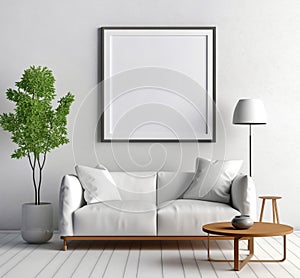 White sofa and wall with empty mock up poster frame. Scandinavian style interior design of modern living room. Created with
