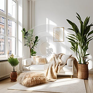 White sofa with wool blanket and fur pillow on rug against of grid window. Houseplants on wooden floor. Scandinavian style