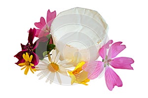 White soft cheese with flowers on a white background
