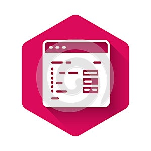 White Software, web developer programming code icon isolated with long shadow background. Javascript computer script