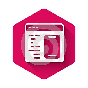 White Software, web developer programming code icon isolated with long shadow background. Javascript computer script