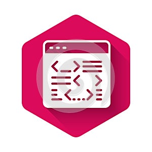 White Software, web developer programming code icon isolated with long shadow background. Javascript computer script