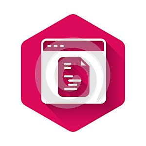 White Software, web developer programming code icon isolated with long shadow background. Javascript computer script