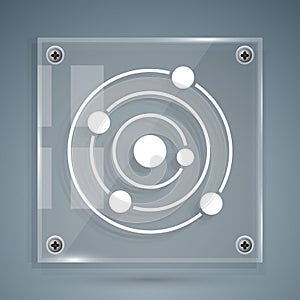 White Solar system icon isolated on grey background. The planets revolve around the star. Square glass panels. Vector