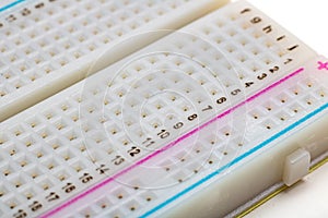 White solderless breadboard close up, view from above