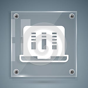 White Sound or audio recorder or editor software on laptop icon isolated on grey background. Square glass panels. Vector