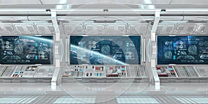 White spaceship interior with control panel digital screens 3D r