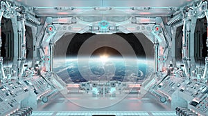 White spaceship interior with glowing blue and red lights. Futuristic spacecraft with large window view on planet Earth. 3D