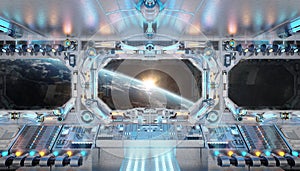 White spaceship interior with glowing blue and red lights. Futuristic spacecraft with large window view on planet Earth. 3D