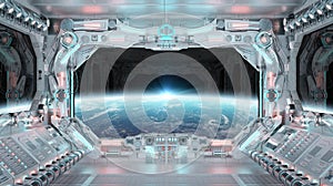 White spaceship interior with glowing blue and red lights. Futuristic spacecraft with large window view on planet Earth. 3D