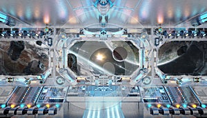 White spaceship interior with glowing blue and red lights. Futuristic spacecraft with large window view on planets in space. 3D