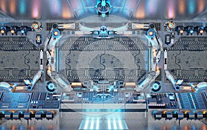 White spaceship interior with glowing control panels. Futuristic space station background with blue and orange neon lights. 3d