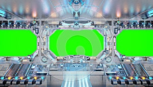 White spaceship interior with isolated window. Futuristic spacecraft with glowing blue and red control panels and empty view. 3D