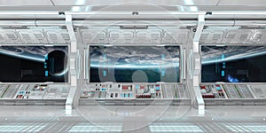 White spaceship interior with large window view 3D rendering