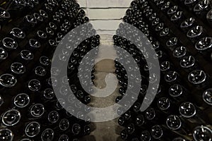 Blanco espumoso botellas de vino en bodegas de bodegas de vino espumoso vino fermentando sobre el bastidores 