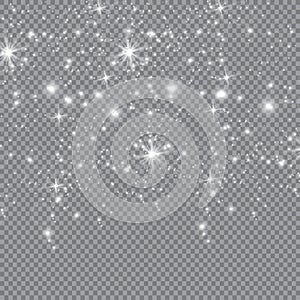 White sparks shine with special light, sparkles on a transparent background. Christmas abstract pattern. Sparkling magical dust p