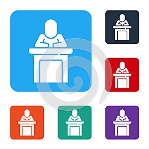 White Speaker icon isolated on white background. Orator speaking from tribune. Public speech. Person on podium. Set