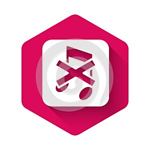 White Speaker mute icon isolated with long shadow background. No sound icon. Volume Off symbol. Pink hexagon button