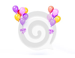 White speech bubble flying on bundles of colorful balloons 3d render. Chat icon for happy message, text, dialog. Blank