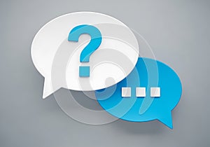 Two speech bubbles representing conversation with a question mark and ellipsis