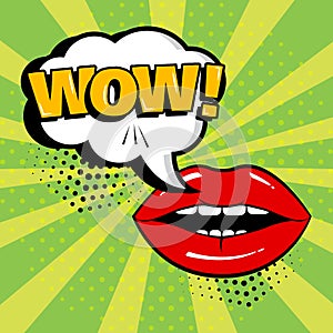 White speech bubble with WOW word and red lips on green background. Card in pop art style. Vector illustration