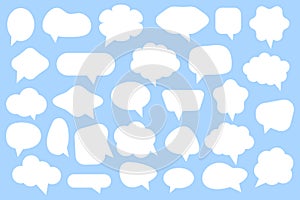 White speech bubbles set in various shapes like circle, cloud, oval, rectangle. Doodle empty message box icons set