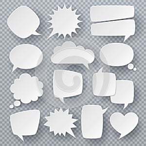 White speech bubbles. Thought text bubble symbols, origami bubbly speech shapes. Retro comic dialog clouds vector set