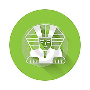 White Sphinx - mythical creature of ancient Egypt icon isolated with long shadow background. Green circle button. Vector