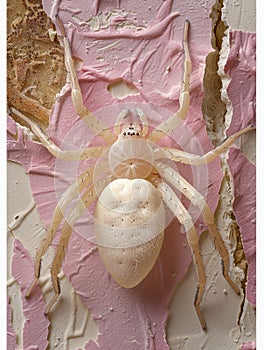 White Spider on Pink Peeling Paint Background Macro Photography of Intricate Arachnid and Textured Wall photo