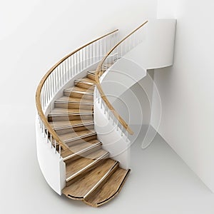 A white spiral staircase with wooden treads photo