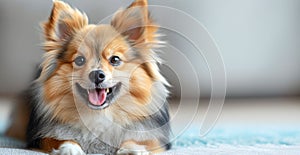 A white spitz\'s poise on the grey background, copy space