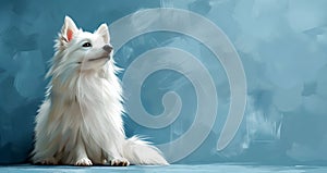 A white spitz\'s poise is a stark contrast to the simplicity of the blue aura, copy space