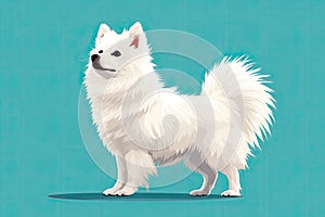 White spitz watercolor portrait painting. Illustrated dog puppy, isolated on blue background