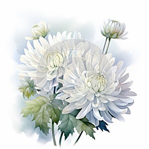 White Splendour Chrysanthemum Watercolor Painting On White Background