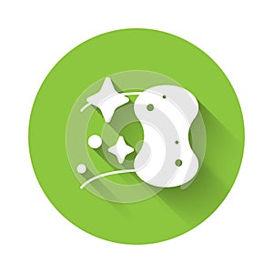 White Sponge icon isolated with long shadow background. Wisp of bast for washing dishes. Cleaning service logo. Green