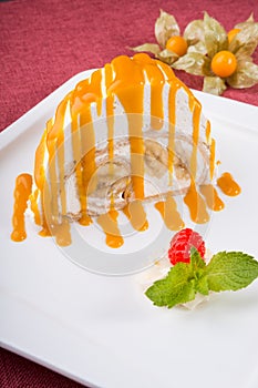 White spoonge peice of cake with orange syrup