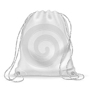 White sports backpack, backpacker cloth bag with drawstrings. Isolated vector template