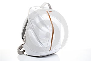 white sports backpack with reflective stripes, profile on white