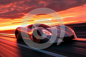 A white sports car is captured driving down a road during a beautiful sunset, A sleek, silver sports car racing against a fiery