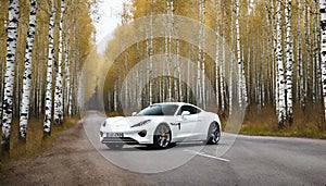 white sports car on a country road, in a night birch