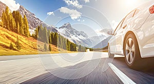 White sports car drives along a beautiful mountain road while traveling through Europe