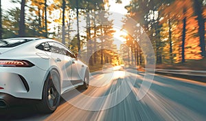 White sports car drives quickly along a beautiful road through a summer forest in the rays of the sun.