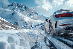 white sports car on a snow-covered mountain road amidst a winter landscape.